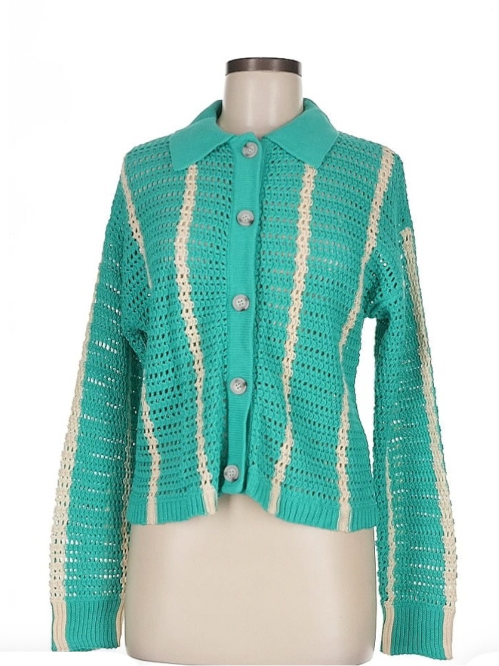 Crochet Knit Monrow Size M Cardigan Peacock Green Cream